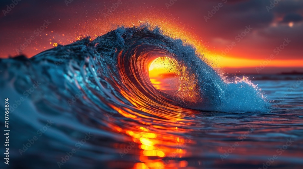 Poster a picture of a wave in the ocean with the sun setting in the background and the water splashing in t