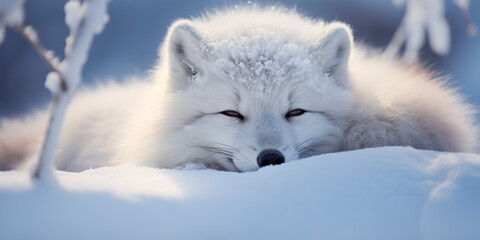 Naklejka premium Close-Up of an Arctic fox (Vulpes lagopus) sleeping in the snow