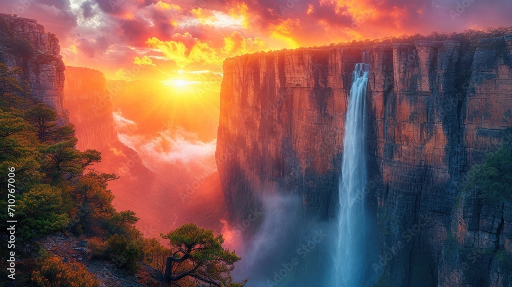 Poster  a waterfall in the middle of a cliff with a sunset in the background and a tree in the foreground.