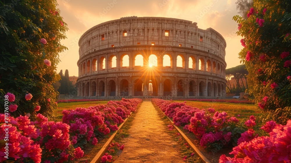 Poster the sun is setting in front of a building with a garden of flowers in the foreground and a path lead