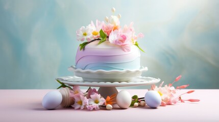  a cake sitting on top of a cake plate with flowers on top of it and an egg on the side.