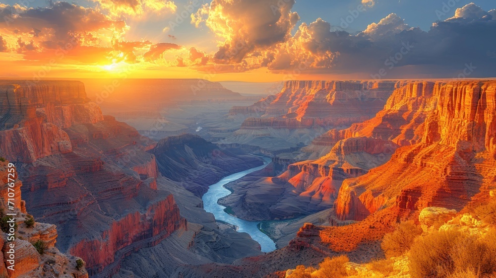 Aufkleber the sun is setting over a canyon with a river in the foreground and a mountain range in the backgrou