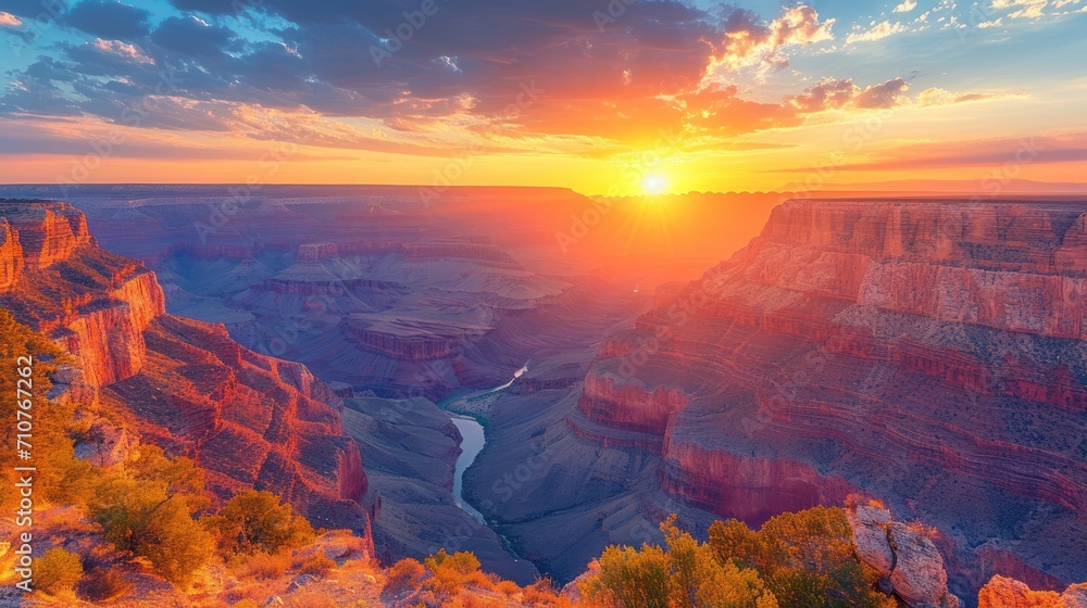 Poster the sun is setting over a canyon with a river in the middle of the canyon and trees in the foregroun