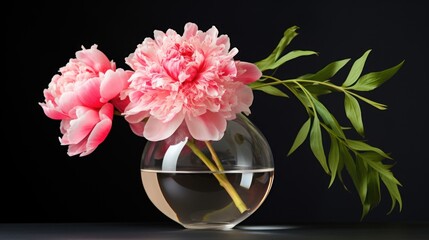  a vase filled with water and a pink flower on top of a glass vase filled with water and a green leafy branch.