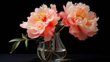  two pink flowers in a glass vase on a black background with a reflection of the flowers in the glass vase.