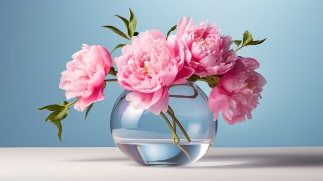  a vase filled with pink flowers sitting on top of a white table next to a blue wall and a light blue wall.