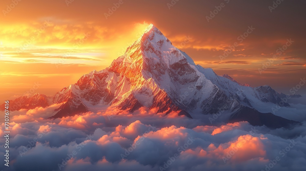 Poster a view of the top of a mountain with clouds in the foreground and the sun setting in the background.