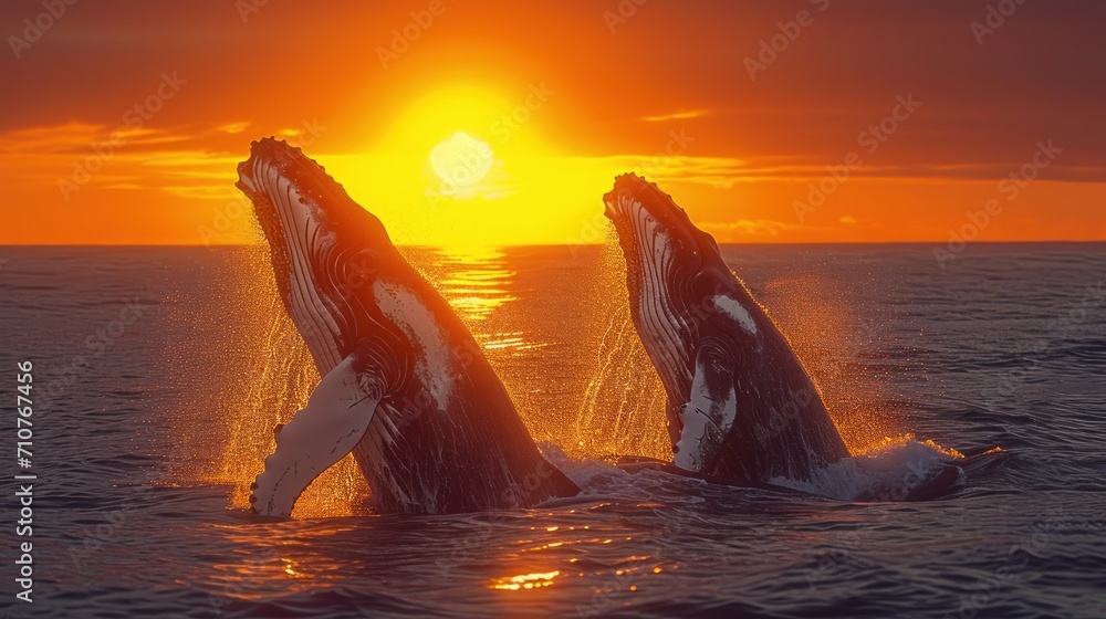 Poster a pair of humpbacks jumping out of the water in front of a setting sun in the ocean.