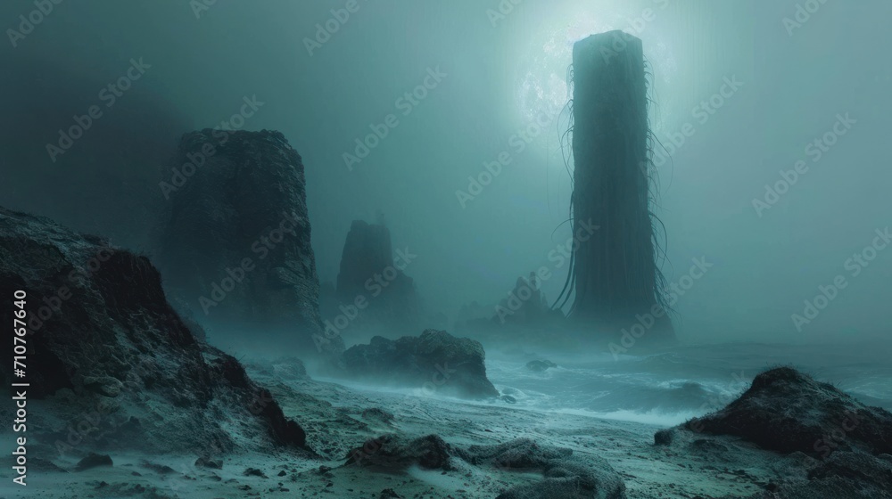 Poster a very tall structure in the middle of a body of water with rocks in the foreground and fog in the b