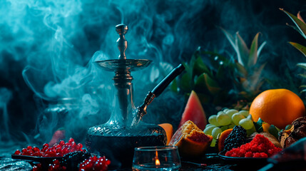 hookah in smoke with fruit. Selective focus.