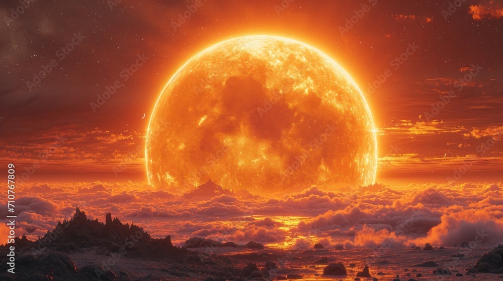Poster a large orange sun in the middle of a cloudy sky with a mountain range in the foreground and clouds 