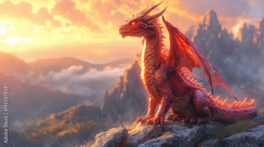 Poster a red dragon sitting on top of a rock in front of a sky filled with clouds and a setting sun.