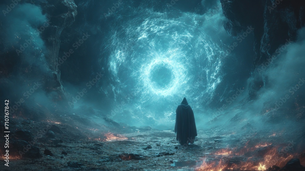 Poster a man standing in the middle of a dark cave with a huge vortex in the middle of the room behind him.