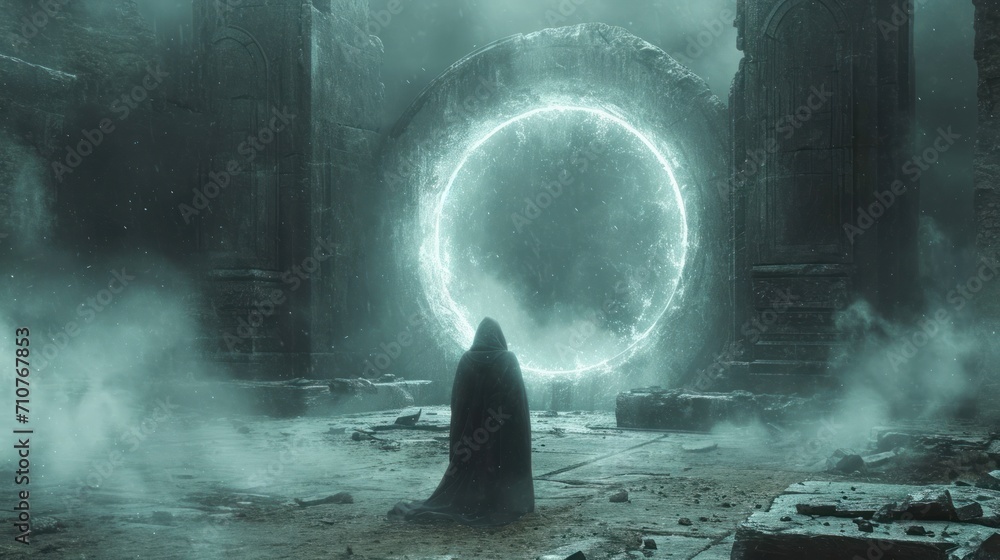 Poster a man standing in front of a giant circular object in the middle of a room filled with smoke and fog