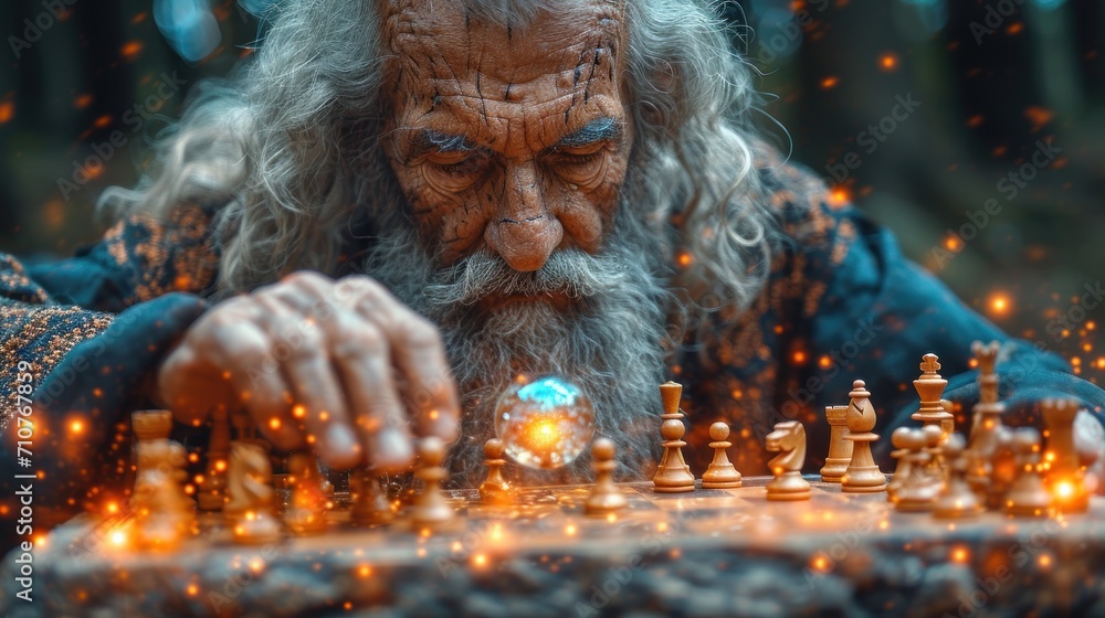 Poster an old man playing a game of chess on a table with a lot of glowing chess pieces in front of him.