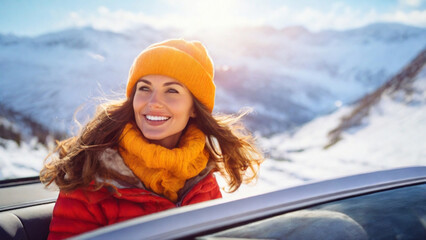 person in the car. Happy Female in car enjoying winter mountain landscape, Woman traveling exploring, enjoying the view of the mountains, leisure concept, happy life, no depression