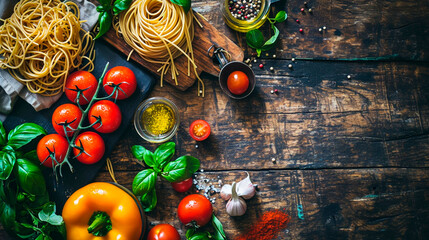 pasta tomatoes basil ingredients. Selective focus.