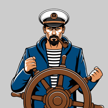 Man with a smoking pipe in a captain's cap at the helm of the ship