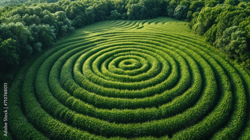 Poster an aerial view of a green field with a spiral design in the middle of the field and trees in the bac