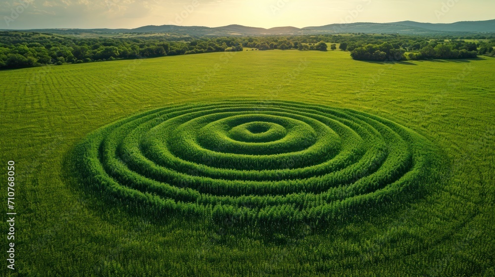 Poster an aerial view of a grassy field with a circular maze in the middle of the field and mountains in th