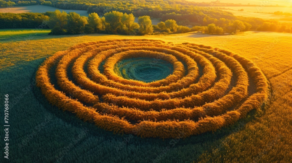 Poster an aerial view of a corn maze in the middle of a field with the sun shining on the grass and trees i