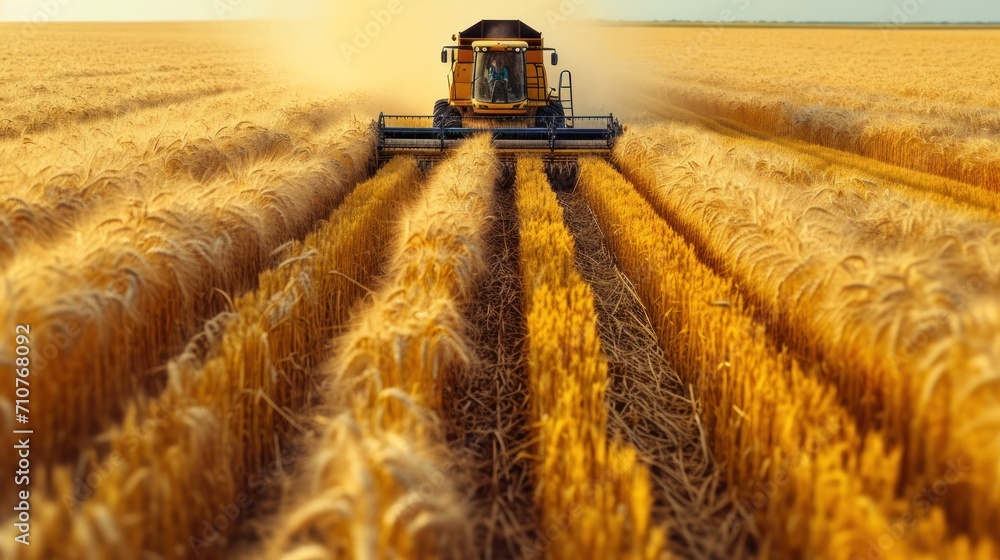 Poster a combine of grain being harvested on a farm in the middle of a wheat field with a combine of grain 