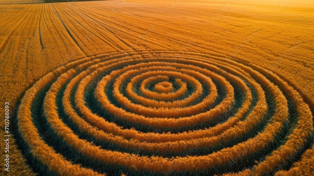 Poster an aerial view of a wheat field with a spiral design in the middle of the field in the middle of the