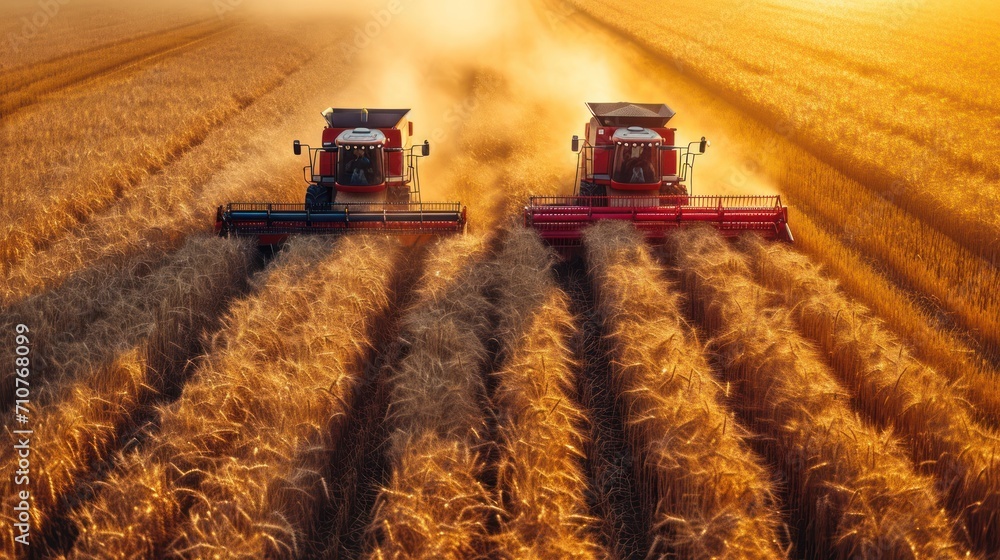 Poster two combines of red and blue combiners in a wheat field with the sun shining through the clouds behi