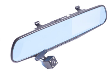car rear view mirror with DVR and rear view camera isolated on white background.