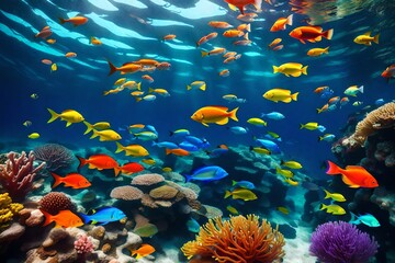 Colourful fish swimming in underwater coral reef landscape.