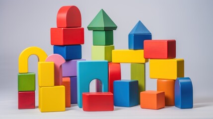  a pile of colorful wooden blocks stacked on top of each other with an arrow on top of one of them.