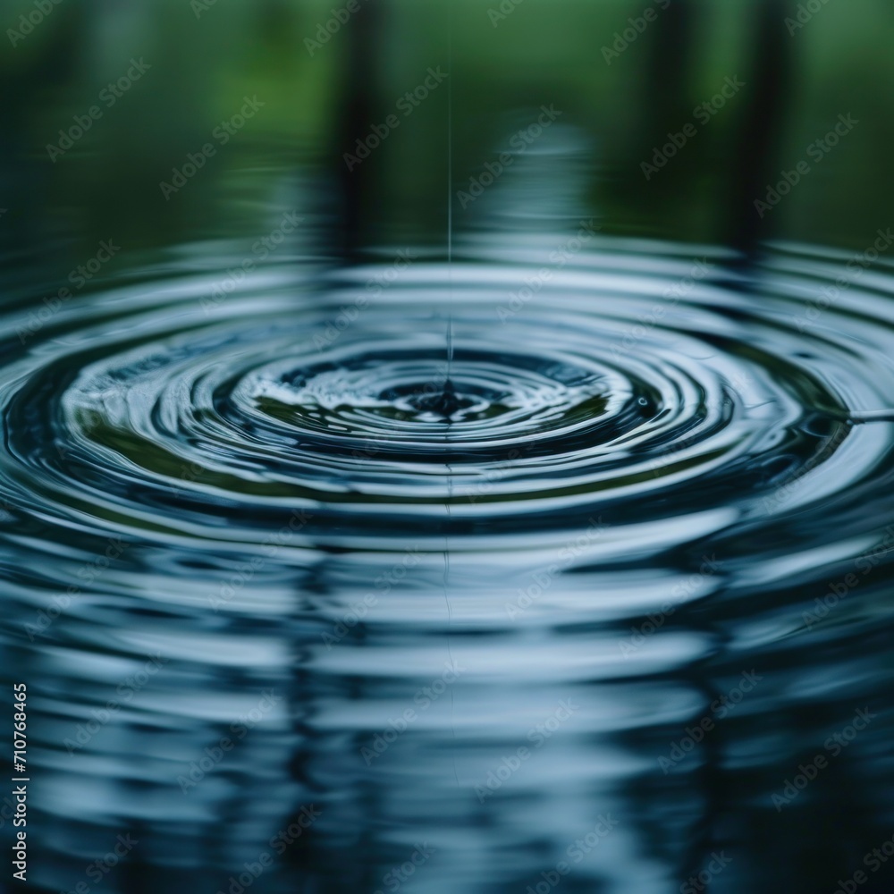 Poster a close up of a water drop with trees in the background and a blurry photo in the foreground.