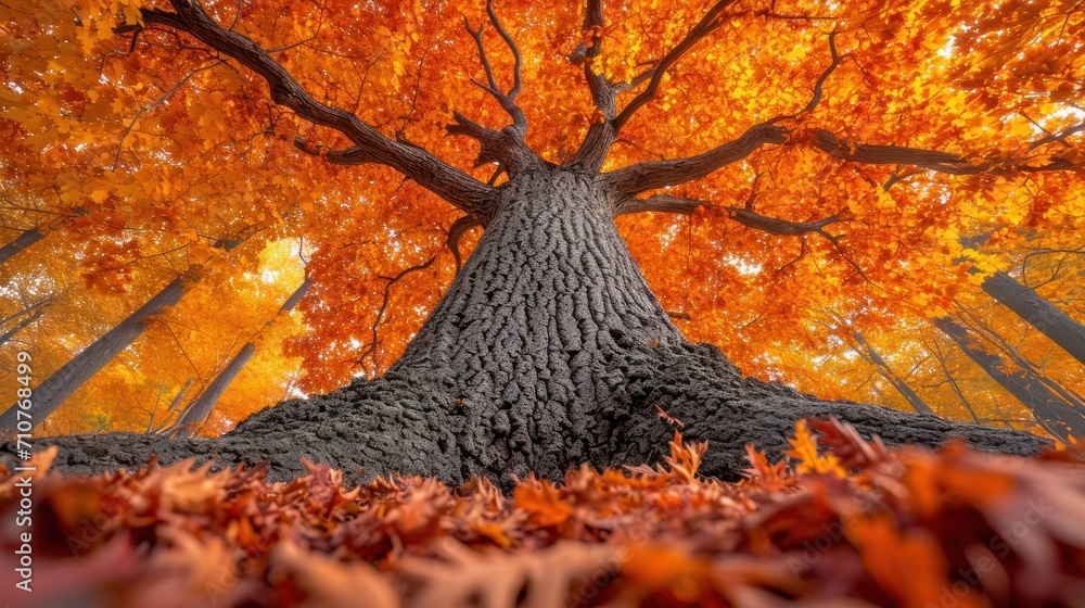 Poster a large tree in the middle of a forest with lots of leaves on the ground and in front of it is an or