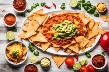 Nacho corn tortilla chips with cheese, meat, guacamole and red  spicy salsa white background
