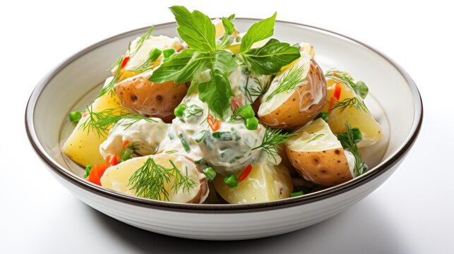  a close up of a bowl of food with potatoes and vegetables on a white table with a green leafy garnish.