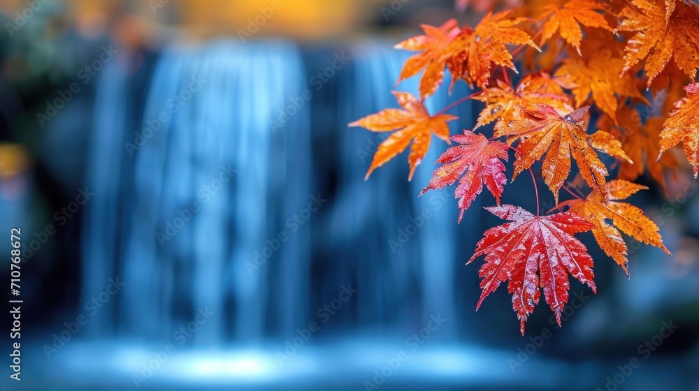 Poster a close up of a leafy tree next to a waterfall with a waterfall in the background and a blue sky in 