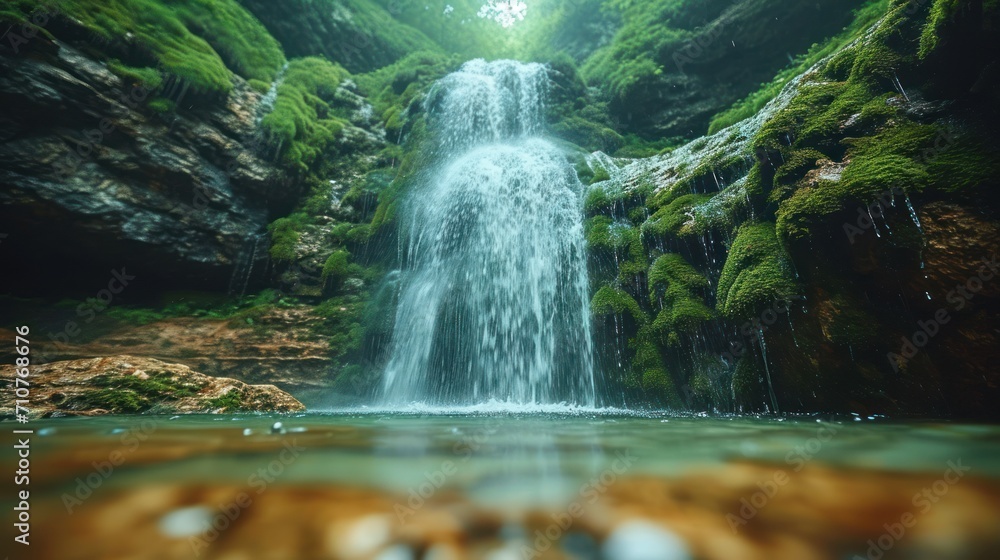 Poster a waterfall in the middle of a forest with moss growing on the rocks and water running down the side