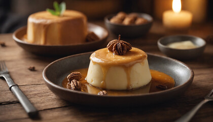 Caramel flan dessert with pecan topping on rustic table setting with candlelight ambiance.
 - obrazy, fototapety, plakaty