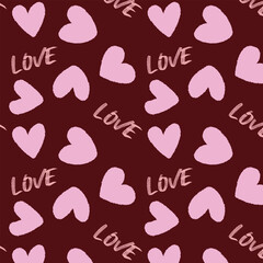 Pink heart and love on red background, contrast romantic seamless pattern for valentine's day for design
