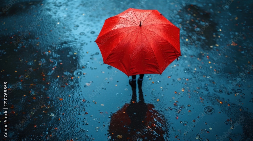 Poster a person with a red umbrella standing in the middle of a puddle of water with it's reflection on the