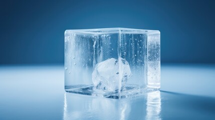  an ice cube with a polar bear in it's mouth and water droplets on the side of the cube.