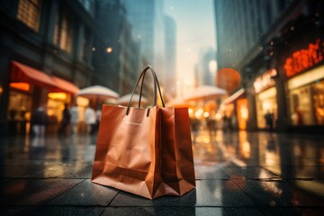 Dynamic retail and e commerce background with bokeh, shopping bags, and online shopping icons