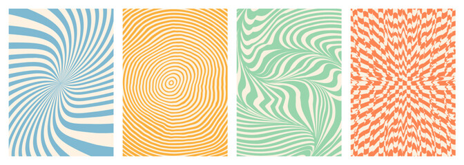 Twisted and distorted vector groovy hippie background. Waves, swirl, twirl pattern. Set of backgrounds in trendy retro psychedelic style. Vector illustration - obrazy, fototapety, plakaty