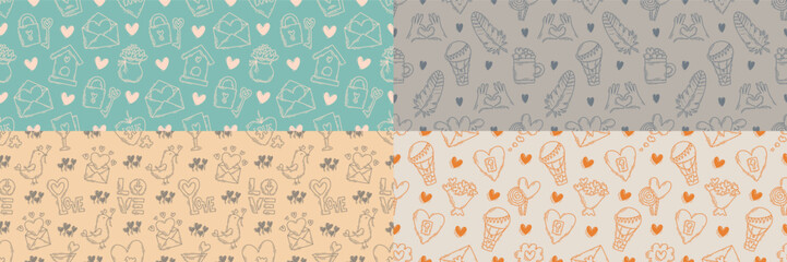 The love theme doodle style color seamless pattern, Valentines Day hand-drawn icons with a simple engraving retro effect. Romantic mood, cute symbols and elements backgrounds collection.