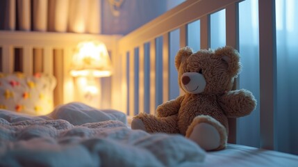 Cozy baby crib. Comfortable bed for little child. Kid cot in bedroom. Teddy plush bear sit inside bed. Cute beautiful toy. Room interior design. Night bedtime. Comfort concept. Baby care, parenthood. - obrazy, fototapety, plakaty