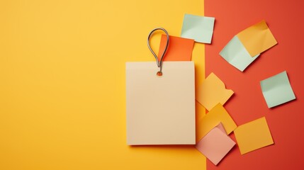  a piece of paper with a clip hanging from it on a yellow and orange background with sticky notes pinned to it.