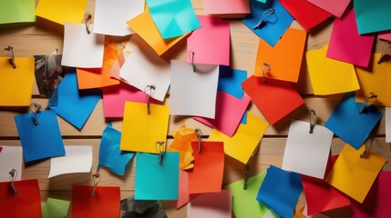  a bunch of colorful post it notes pinned to a wooden wall with clothes pins and clothes pins attached to them. - obrazy, fototapety, plakaty