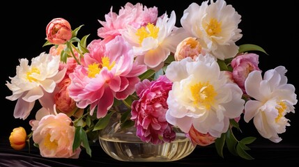  a vase filled with lots of pink and white flowers next to an orange and yellow egg on a black surface.
