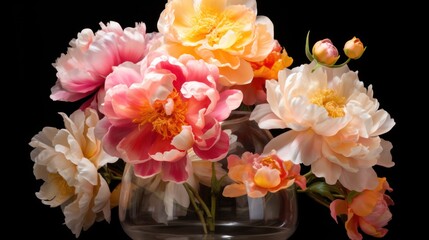  a bunch of flowers are in a vase on a black background with a black background behind the vase is a white vase with pink, orange, yellow and pink flowers in the middle.