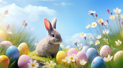 Easter bunny in a meadow full of Easter eggs - obrazy, fototapety, plakaty